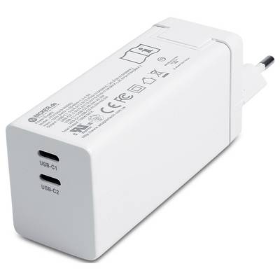 Chargeur mural USB blanc avec deux ports avant étiqueté USB-C1 et USB-C2 et une prise électrique à l'arrière