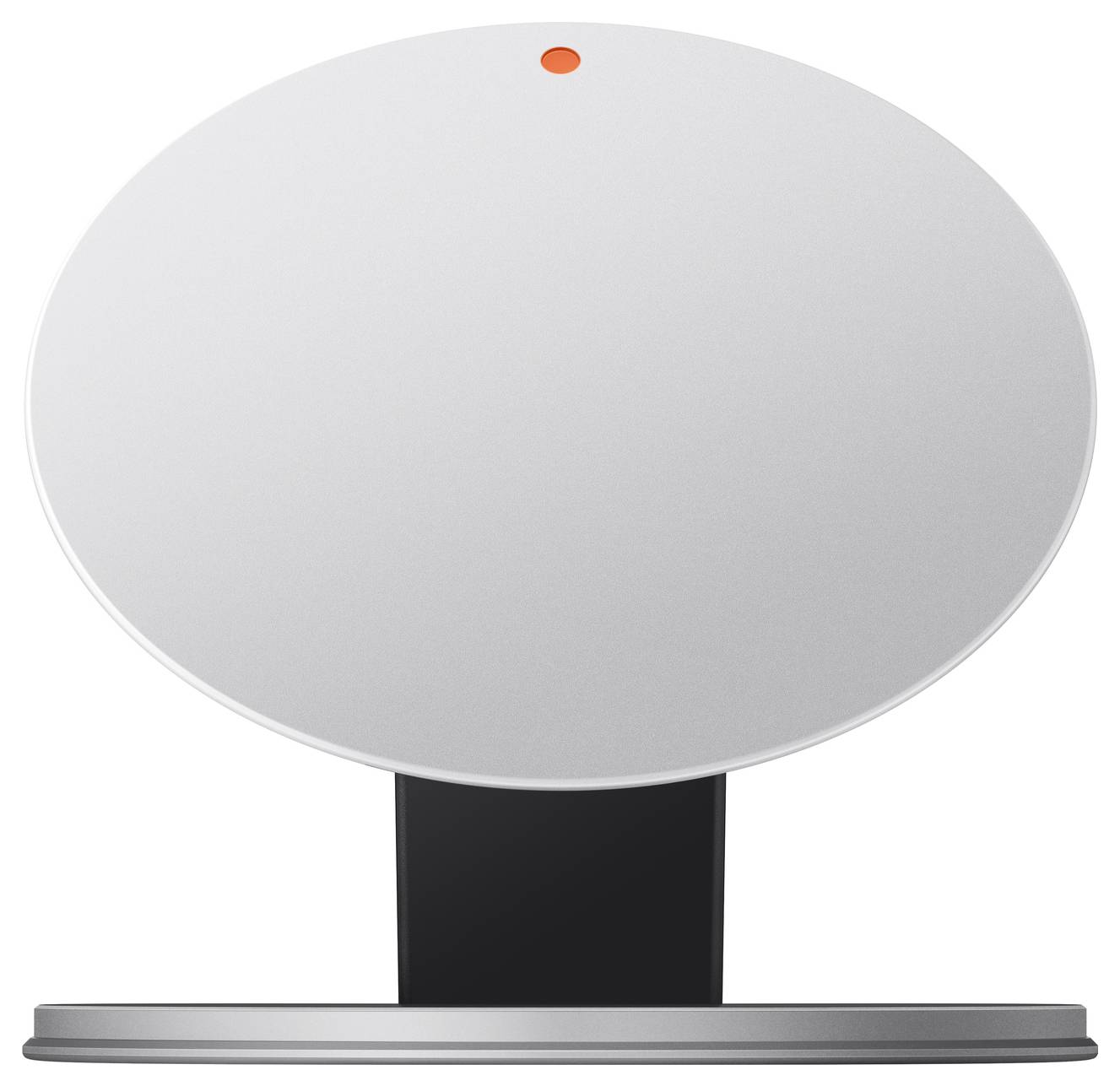 Affichage ou panneau de table ovale en argent sur un support noir avec une petite voyant indicateur orange en haut.