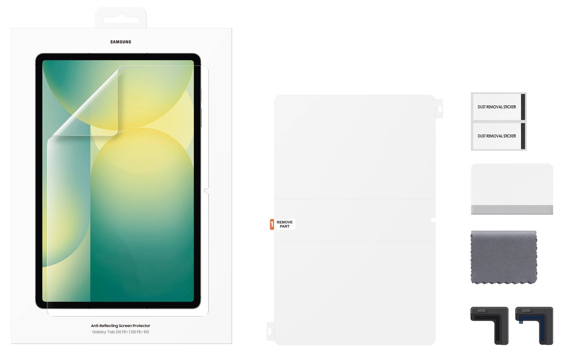 Contenu de l'emballage pour un kit de protecteur d'écran de tablette Samsung : boîte avant, film protecteur transparent, cartes d'instructions, tissu et outil d'installation.