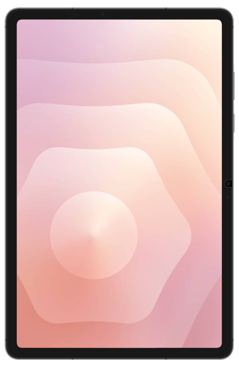 Vue de face d'une tablette noire avec un fond d'écran dégradé abstrait rose-orange sur l'écran.