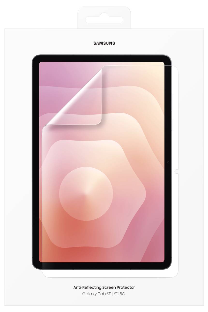 Protecteur d'écran anti-reflets Samsung pour Galaxy Tab S11/S11 5G, présenté sur une boîte d'emballage de tablette.