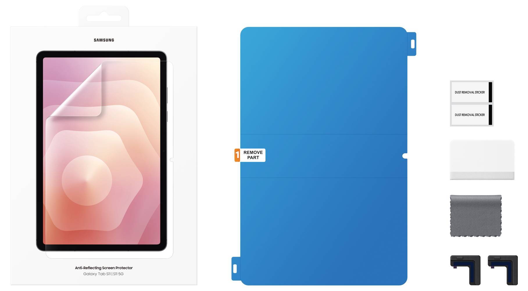 Kit de protecteur d'écran pour tablette Samsung avec plateau d'installation bleu, chiffon de nettoyage, autocollants de retrait et outils d'angle présentés dans le contenu du paquet.