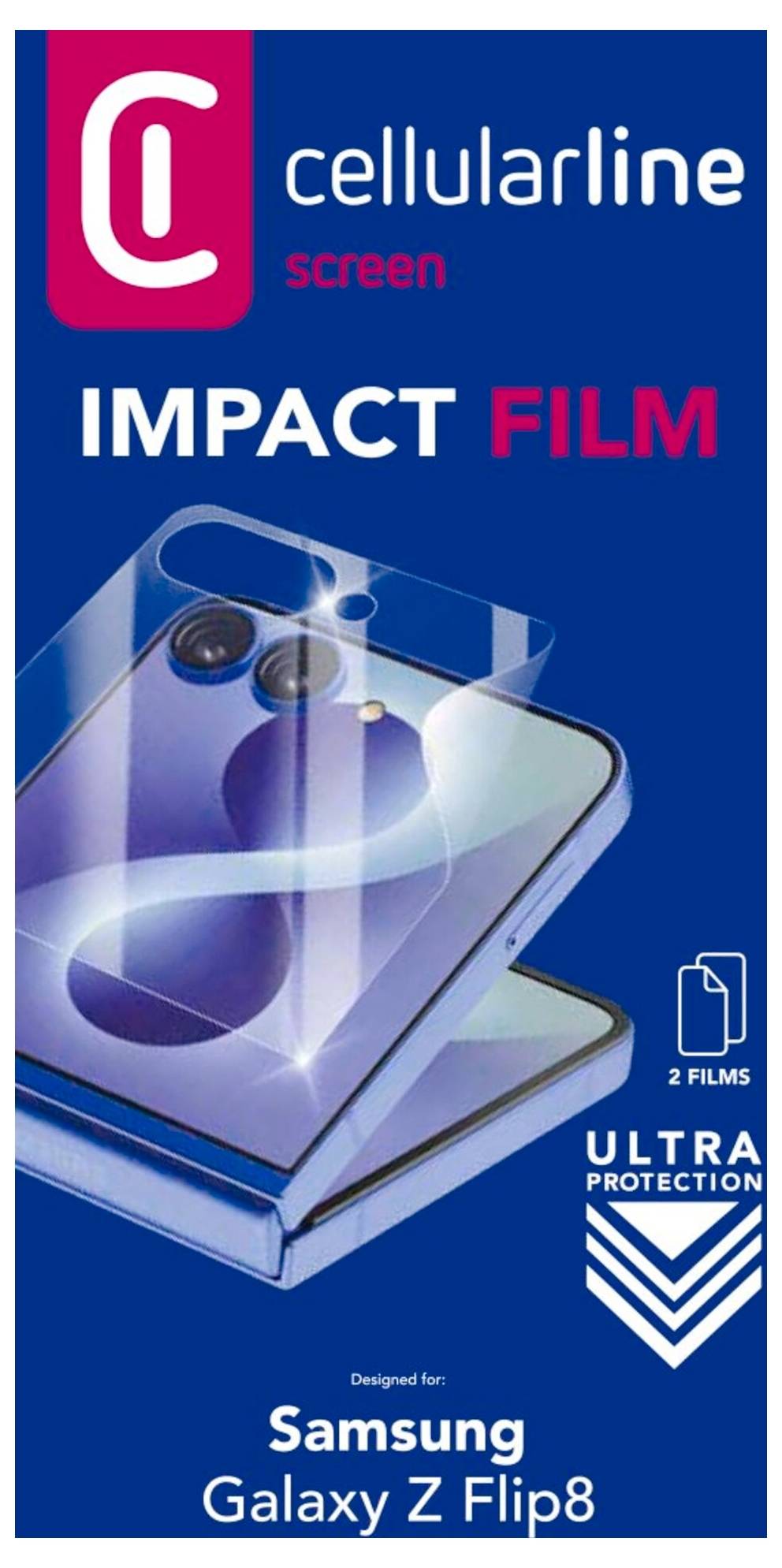 Cellularline écran 'IMPACT FILM' protection ultra pour Samsung Galaxy Z Flip8, présenté avec un téléphone et 2 films.