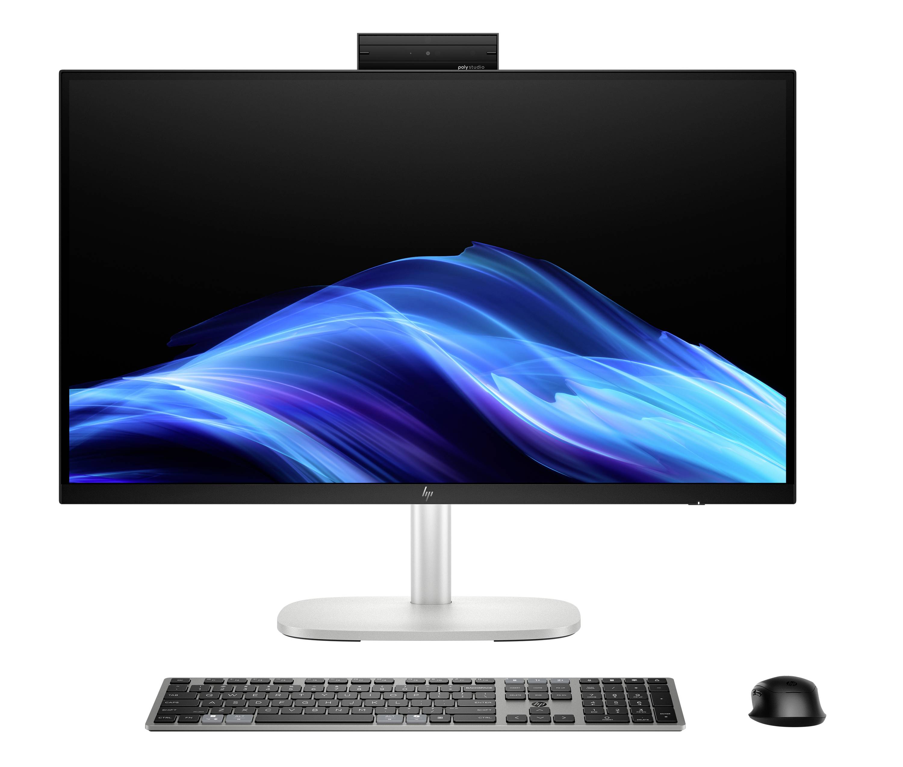 Ordinateur de bureau tout-en-un avec grand écran, webcam, clavier et souris sur fond blanc.