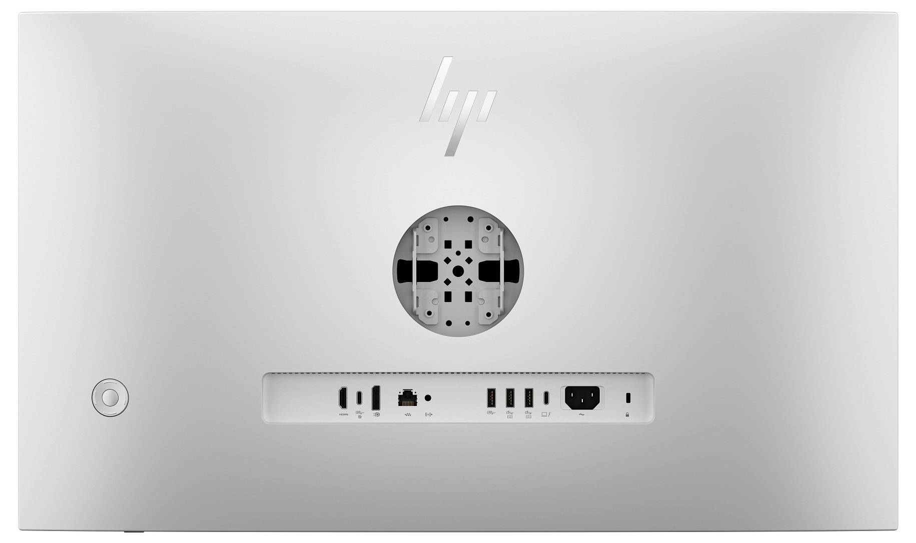 Vue arrière d'un moniteur HP montrant les ports d'alimentation, vidéo et USB centrés sur un panneau argenté.