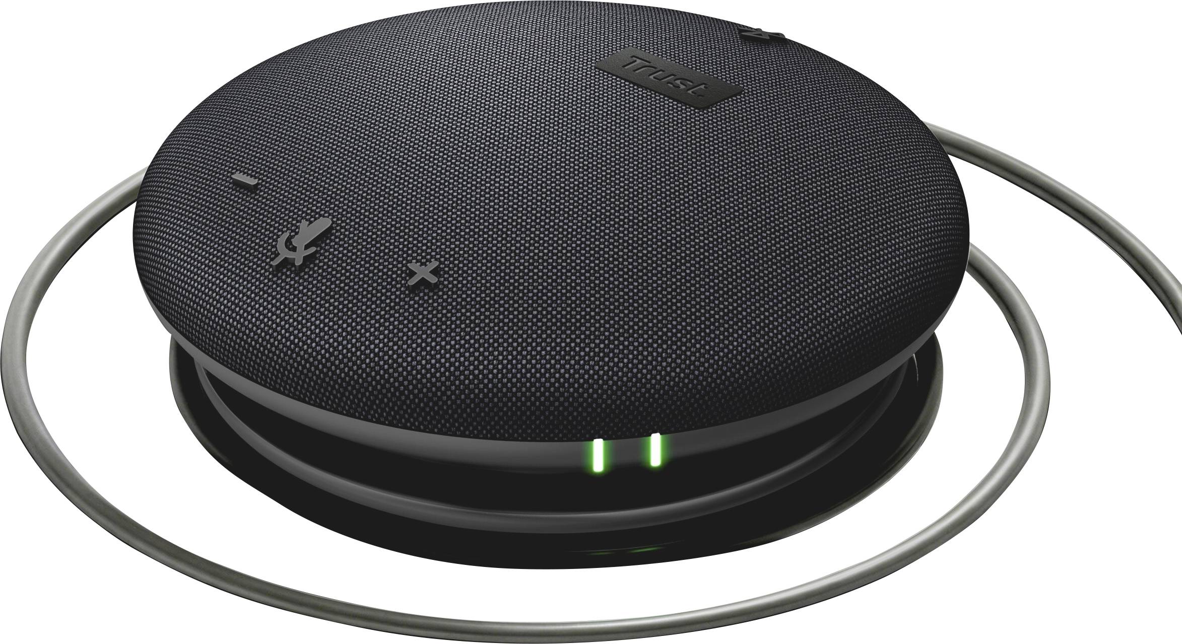 Haut-parleur portable noir et rond avec commandes intégrées et deux voyants de statut verts, présenté à l'intérieur d'un anneau de transport gris.