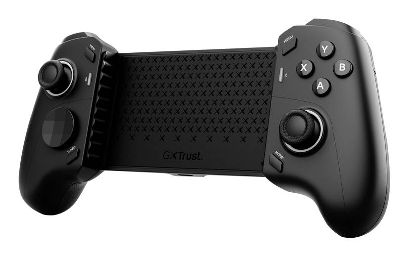 Manette de jeu Black GXTtrust avec support pour téléphone, dual analogues, D-pad et boutons ABXY sur fond blanc.
