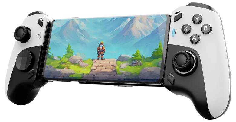 Contrôleur de jeu portable blanc avec un écran central affichant une scène de jeu d'aventure colorée et un personnage debout sur un sentier en pierre vers les montagnes.
