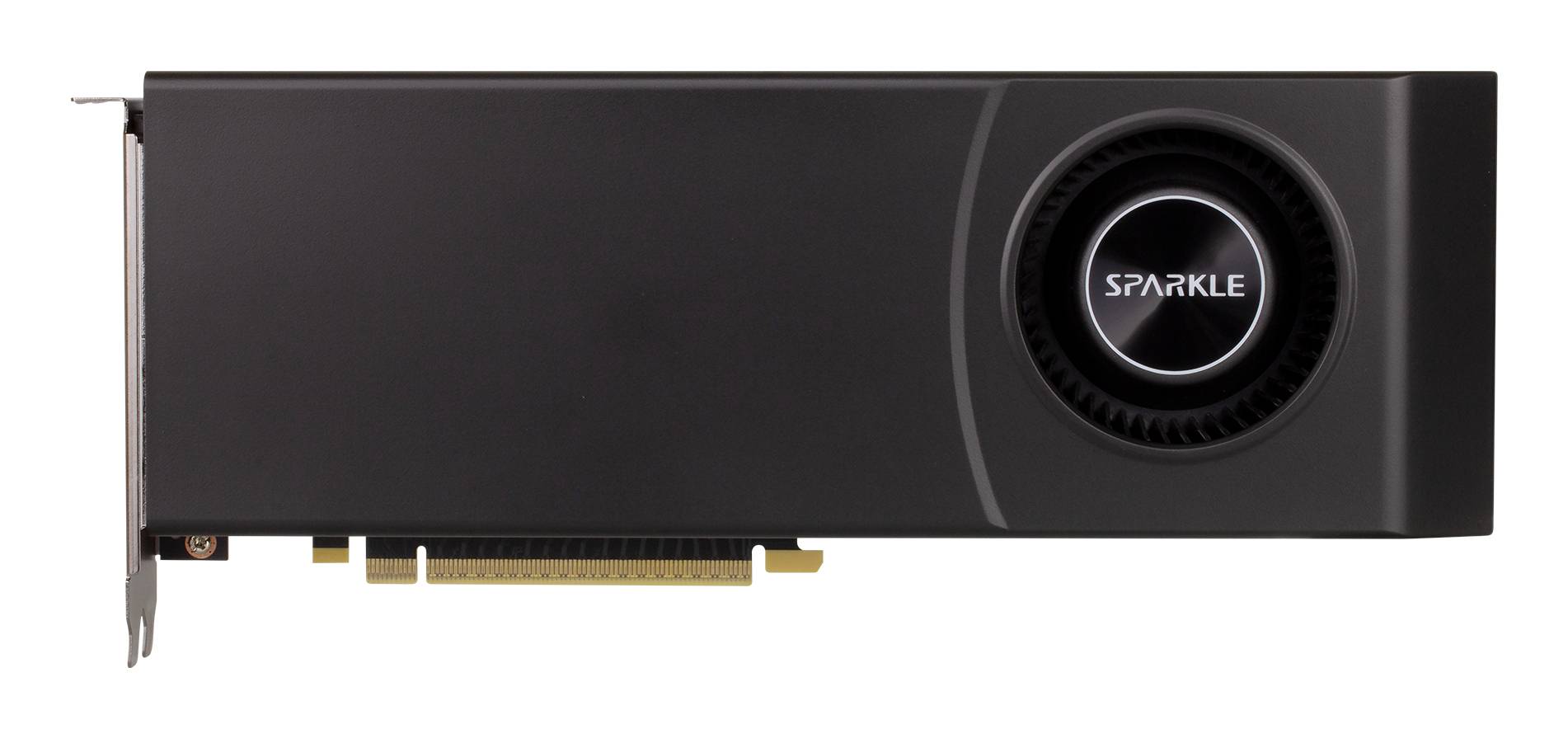 Carte graphique Black Sparkle présentée en vue latérale, avec un grand ventilateur circulaire et un connecteur PCIe doré le long du bas.