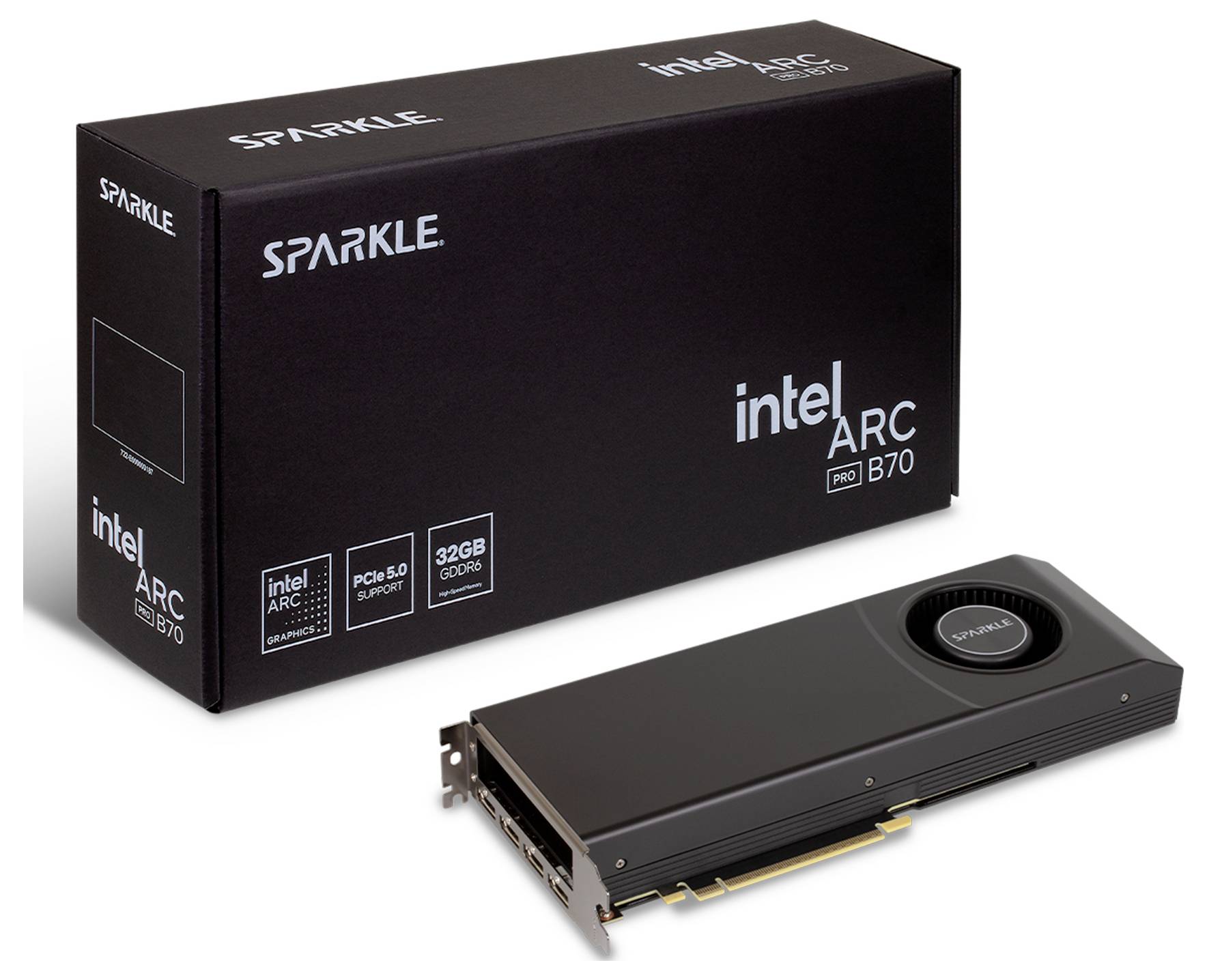 Boîte de la carte graphique SPARKLE Intel Arc Pro B70 affichée avec le GPU à côté sur un fond blanc.