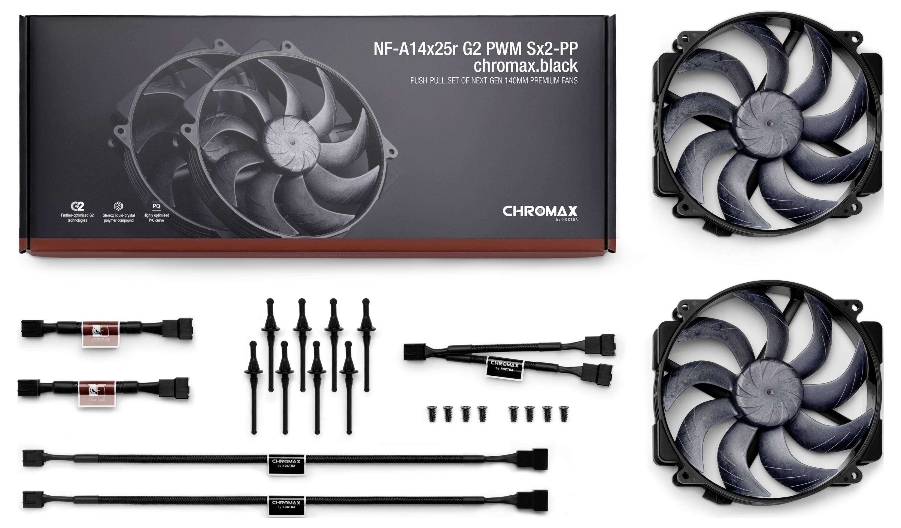 Image du produit montrant deux ventilateurs de refroidissement PC noirs de 140 mm et accessoires de montage inclus, avec une boîte étiquetée « NF-A14x25r G2 PWM Sx2-PP chromax.black »