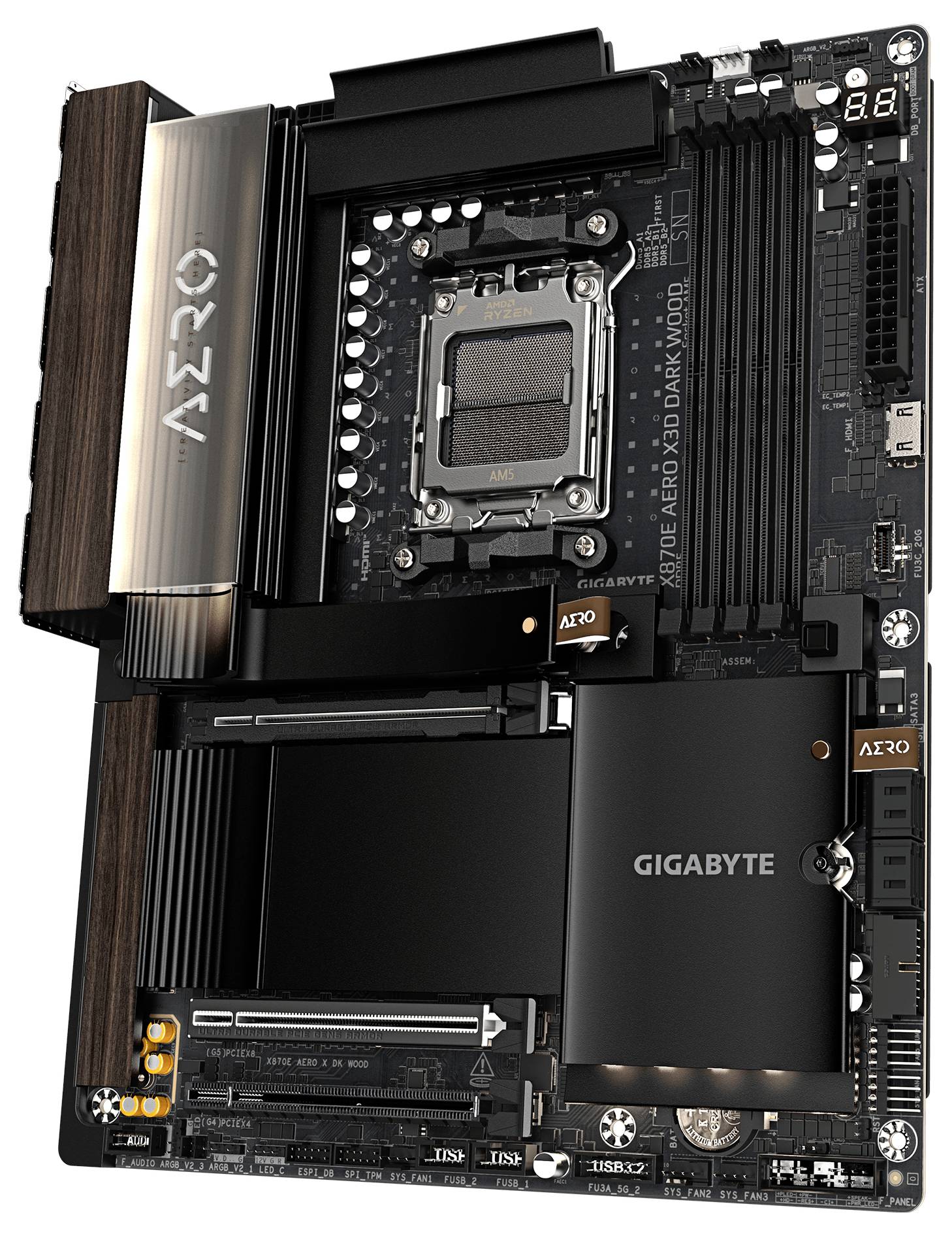 Gros plan d'une carte mère GIGABYTE AERO avec socket pour processeur AMD Ryzen, dissipateurs thermiques, emplacements RAM, emplacements d'extension et un affichage de diagnostic LED.