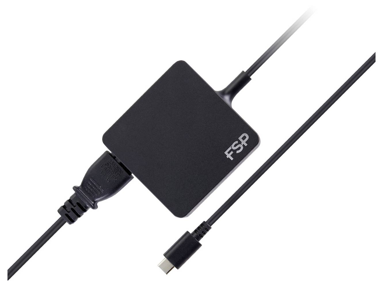 Adaptateur d'alimentation FSP noir avec câbles attachés et connecteur USB-C sur fond blanc