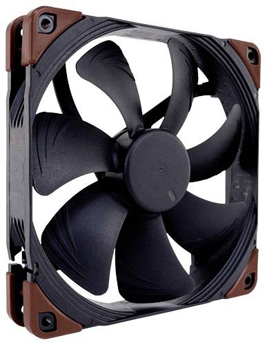 Ventilateur de refroidissement informatique noir avec supports d'angle marron, présenté de face sur un fond blanc.