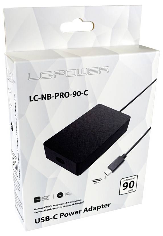 Boîtier adaptateur d'alimentation USB-C LCPower LC-NB-PRO-90-C pour la recharge universelle d'ordinateurs portables, étiqueté Automatique 90W.