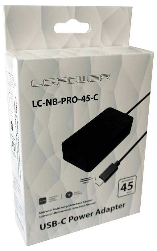Boîte d'adaptateur secteur USB-C LCPOWER, modèle « LC-NB-PRO-45-C », avec l'étiquette « 45 » watts sur le devant.