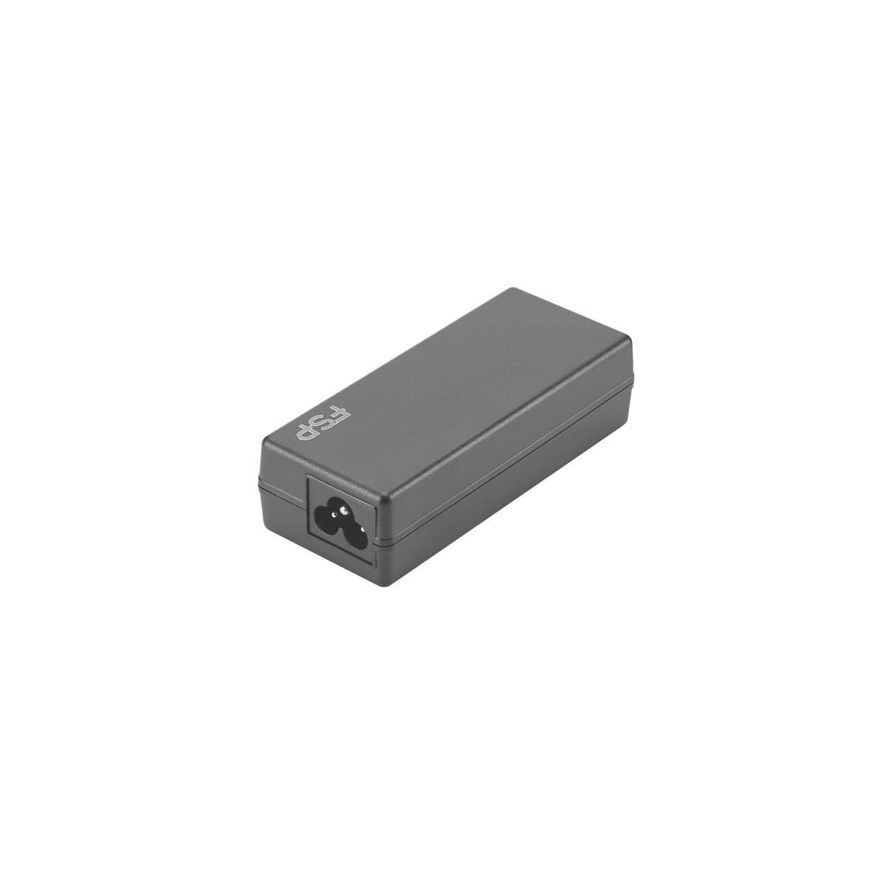 Adaptateur secteur AC rectangulaire gris avec une prise d'alimentation à deux broches à une extrémité et logo « FPS » sur le dessus, présenté sur un fond blanc.