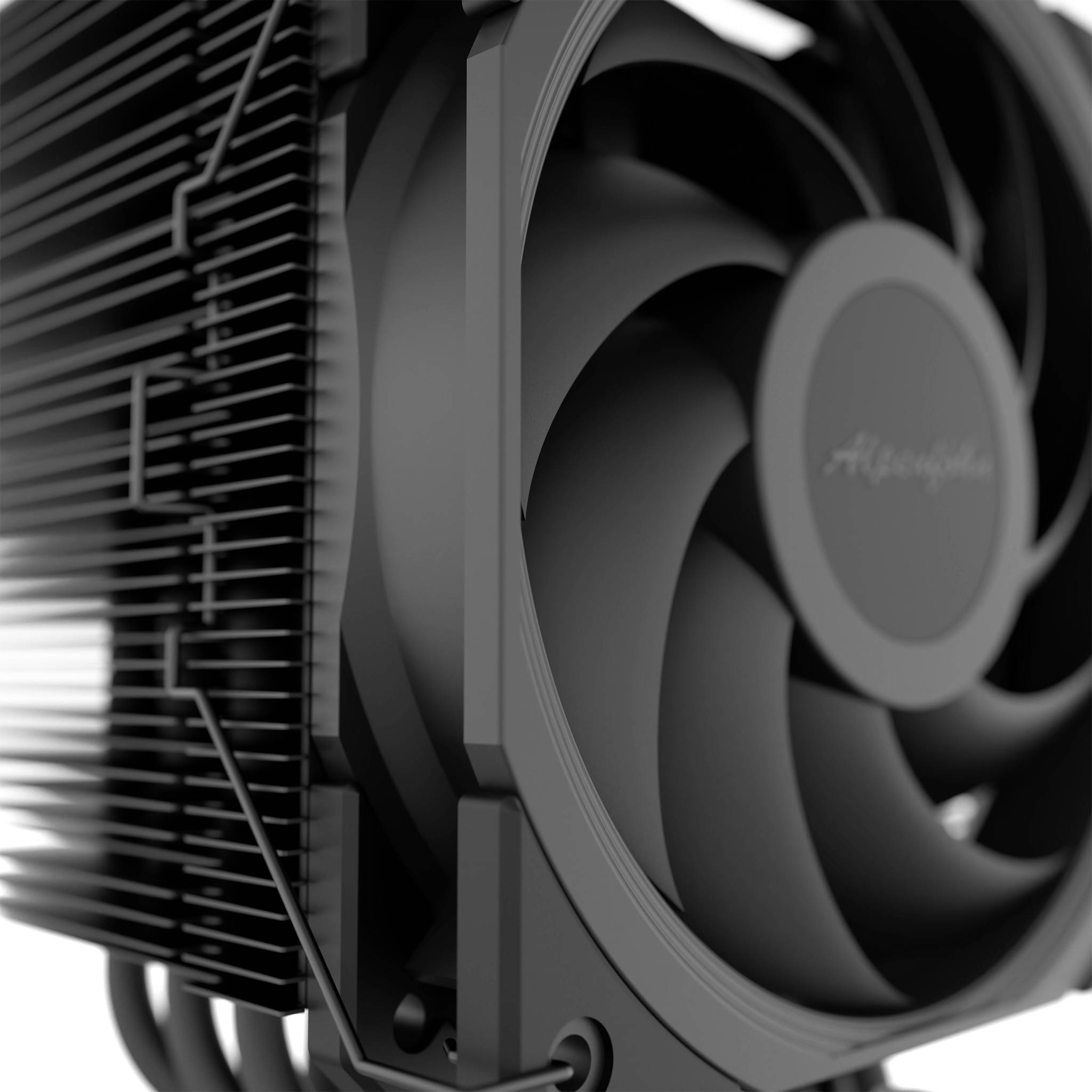 Gros plan d'un ventilateur de refroidissement informatique noir et d'un dissipateur thermique, montrant les pales du ventilateur avant et le radiateur à ailettes dans un composant de PC.
