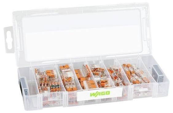 Boîte organiseur en plastique ouvert avec connecteurs de fil électrique WAGO assortis dans des compartiments transparents