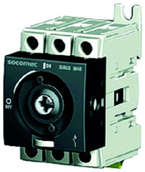 Un petit module de disjoncteur ou d'interrupteur électrique industriel avec un cadran frontal noir et un boîtier de montage vert.