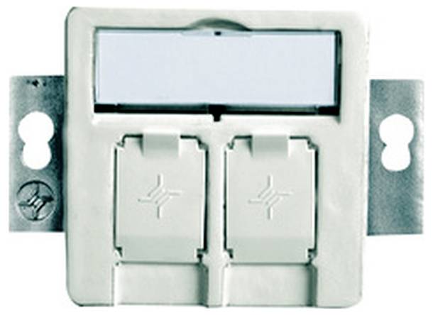 Prise murale Ethernet double avec deux ports couverts et pattes de montage en métal.