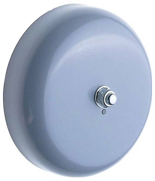 Cloche en métal bleu de style industriel ou alarme avec bouton central à appuyer sur un fond blanc.