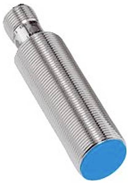 Capteur métallique cylindrique fileté ou boulon avec un capuchon bleu à l'extrémité, présenté en diagonale sur un fond blanc.
