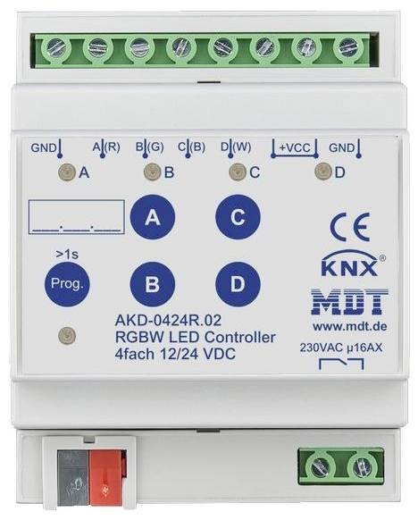 Photo d'un contrôleur LED RGBW KNX MDT AKD-0424R.02 avec quatre bornes de canal étiquetées A, B, C, D, plus les points de connexion GND et +VCC.