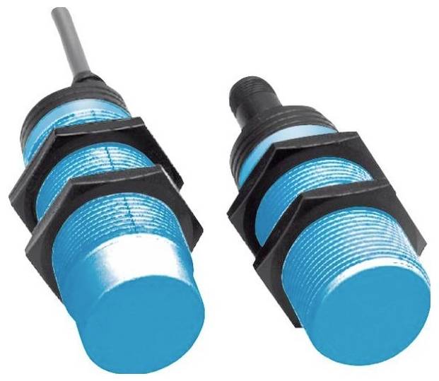 Deux capteurs de proximité cylindriques bleus avec des boîtiers filetés noirs et des câbles, présentés sur un fond blanc.