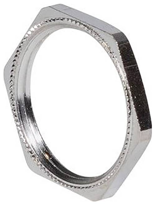 Écrou hexagonal de couleur argent avec un trou central fileté, présenté sur un fond blanc.