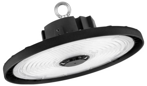 Luminaire LED industriel haute baie noir avec anneau de suspension, photographié par le dessous sur fond blanc.