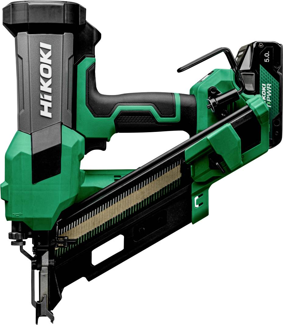 Cloueur sans fil HiKOKI 5.0 vert et noir présenté en vue latérale sur un fond blanc.
