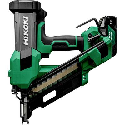 Cloueur sans fil HiKOKI 5.0 vert et noir présenté en vue latérale sur un fond blanc.