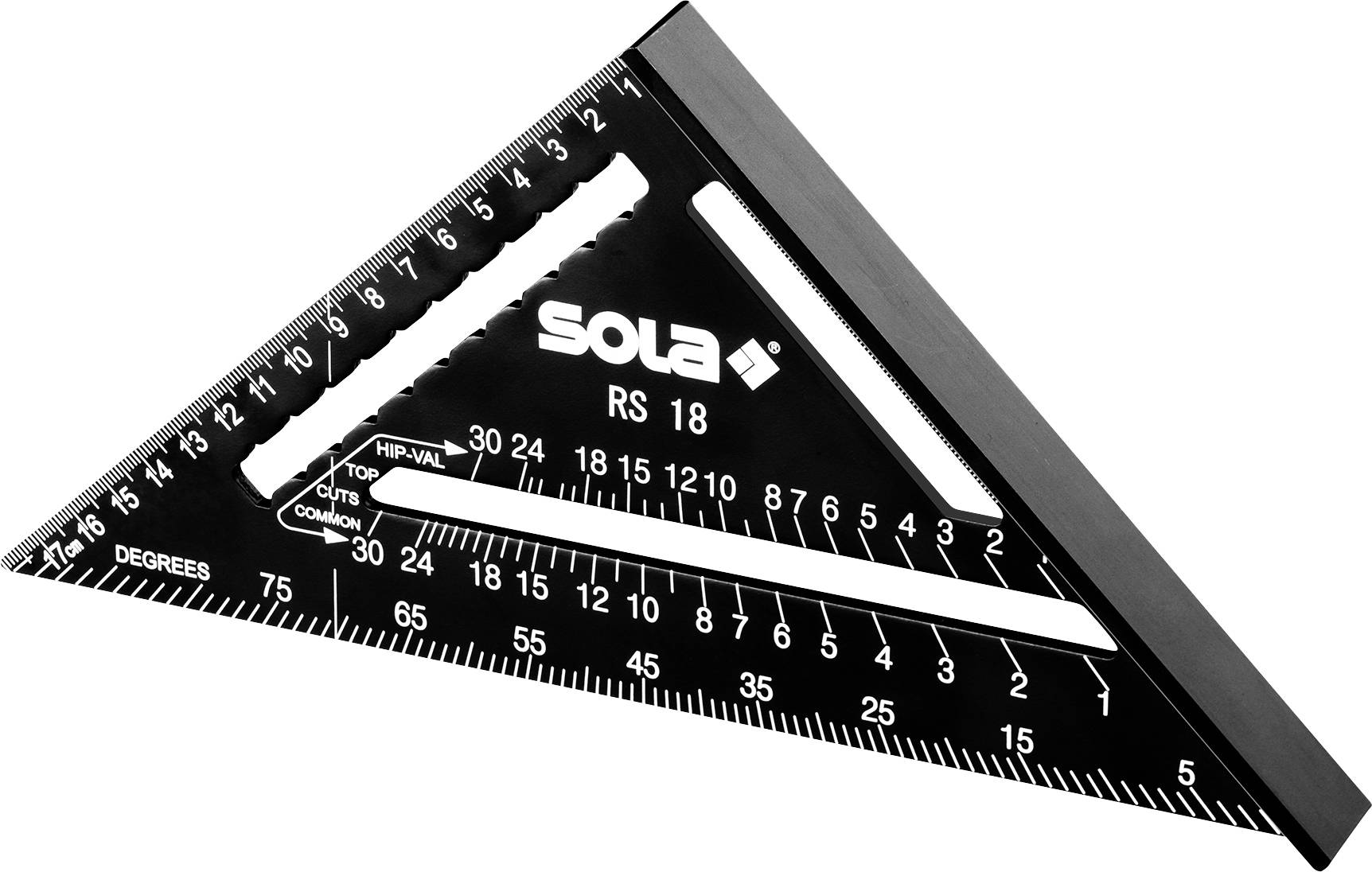 Règle rapporteur de menuiserie triangulaire noire avec échelles de mesure blanches et logo 'SOLE', utilisée pour marquer et mesurer les angles.