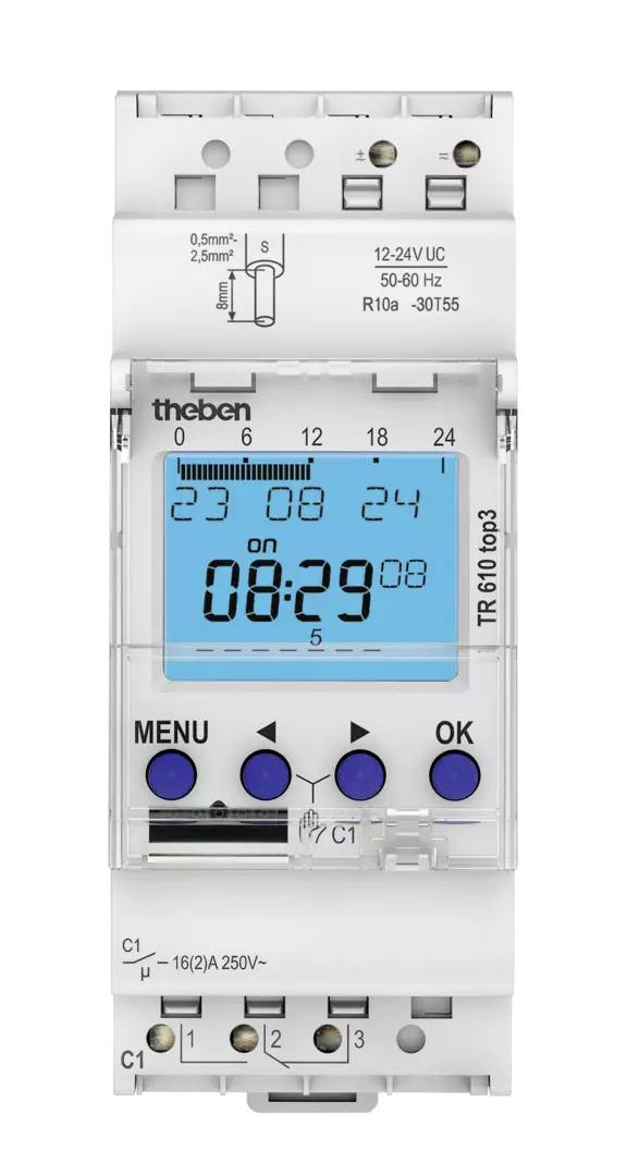 Commutateur temporel numérique Theben TR 610 top3 avec écran rétroéclairé bleu affichant 08:29 et boutons de commande pour programmer un minuteur électrique
