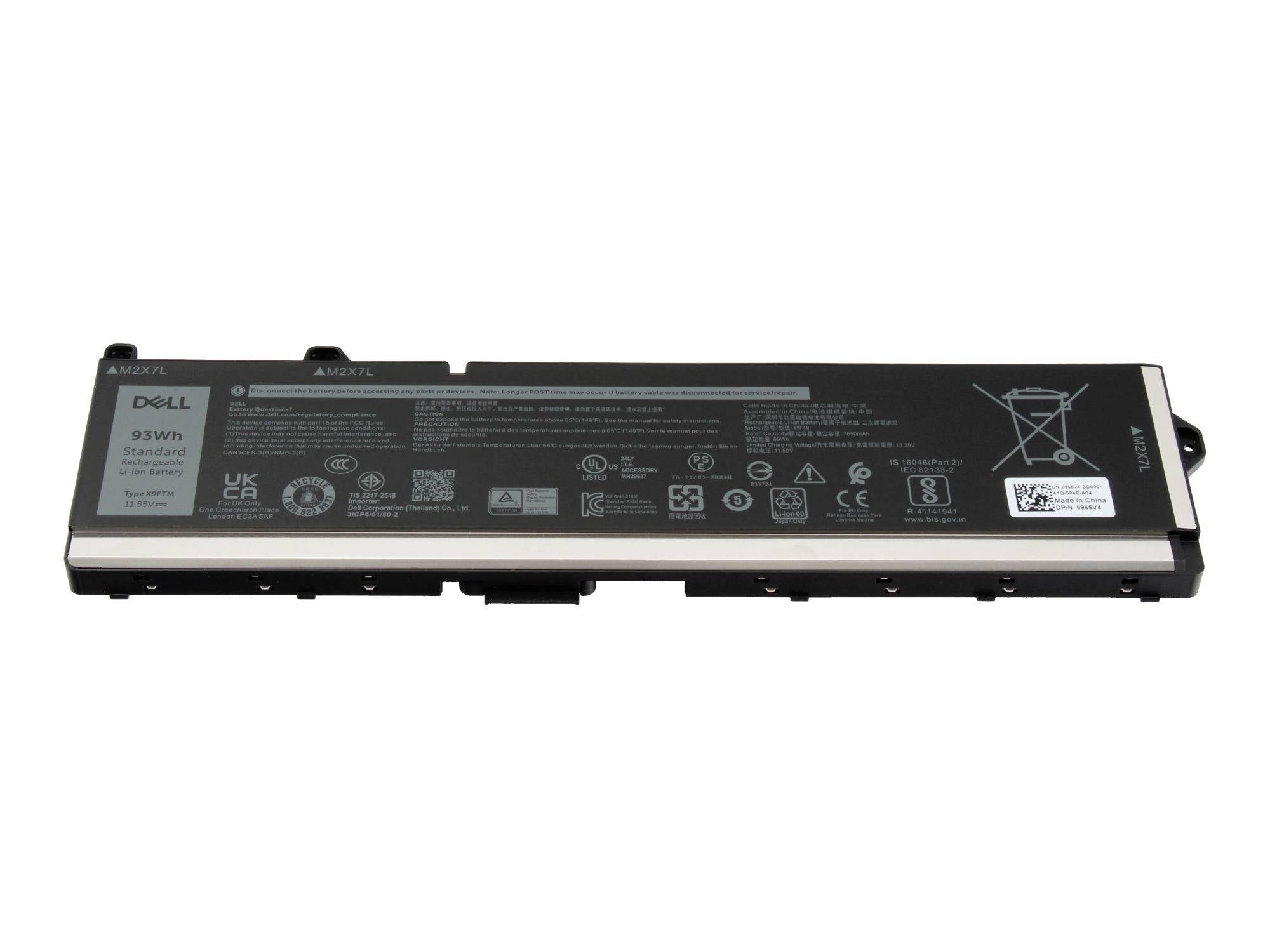 Batterie de laptop Dell 93Wh présentée sur un fond blanc, avec étiquettes et symboles de recyclage visibles.