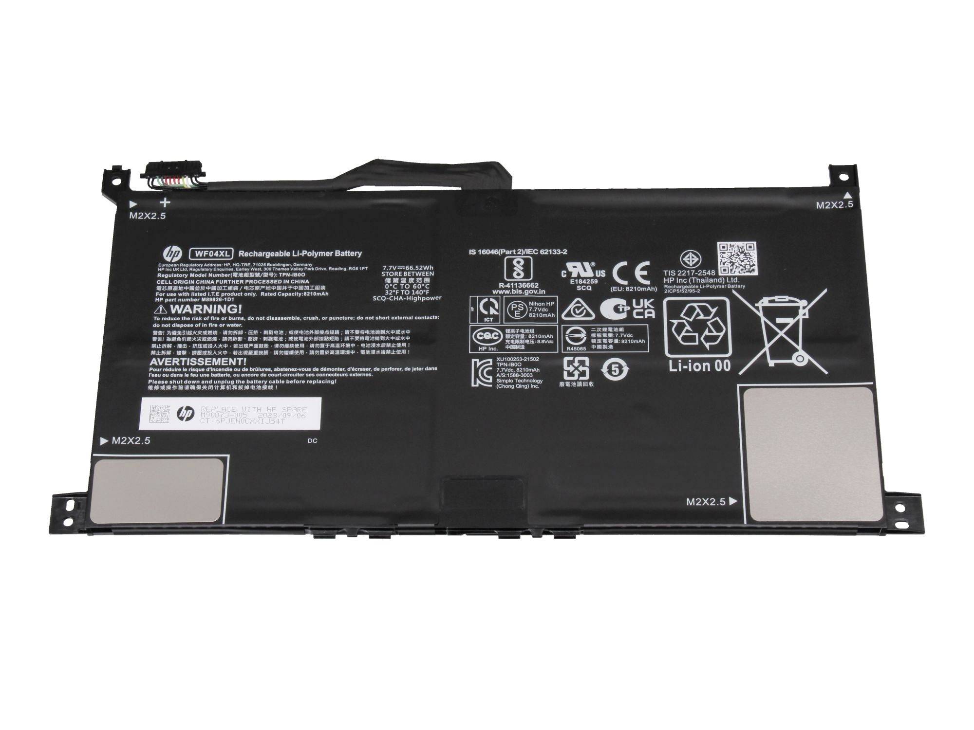 Batterie de pack pour ordinateur portable noir avec connecteurs et avertissements imprimés, montré sur un fond blanc.