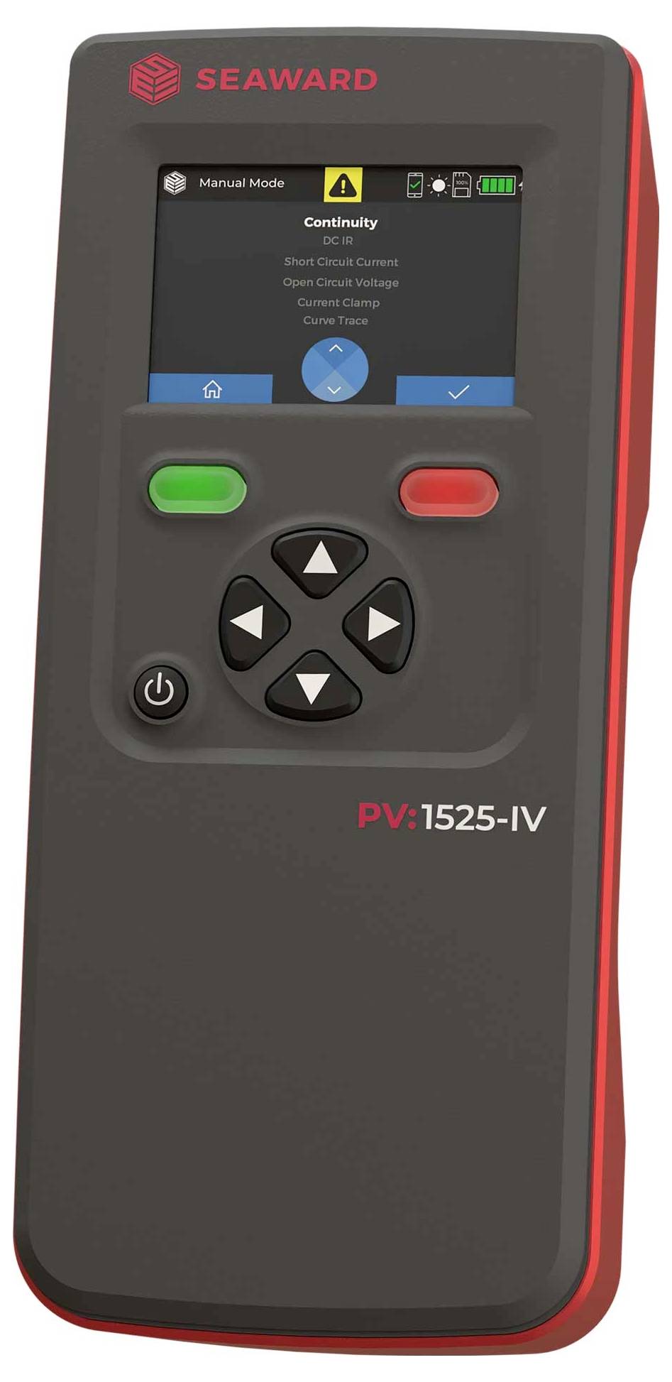 Testeur électrique SEAWARD PV:1525-IV portatif avec écran affichant le mode de test de continuité, icônes d'état, boutons de navigation et boutons de fonction verts/rouges.