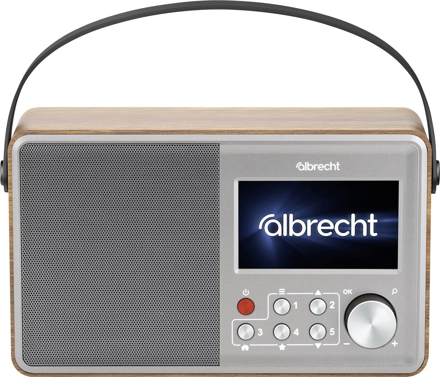 Radio Albrecht portable avec boîtier à grain de bois, grande grille de haut-parleur, poignée de transport, petit écran d'affichage et boutons de commande.