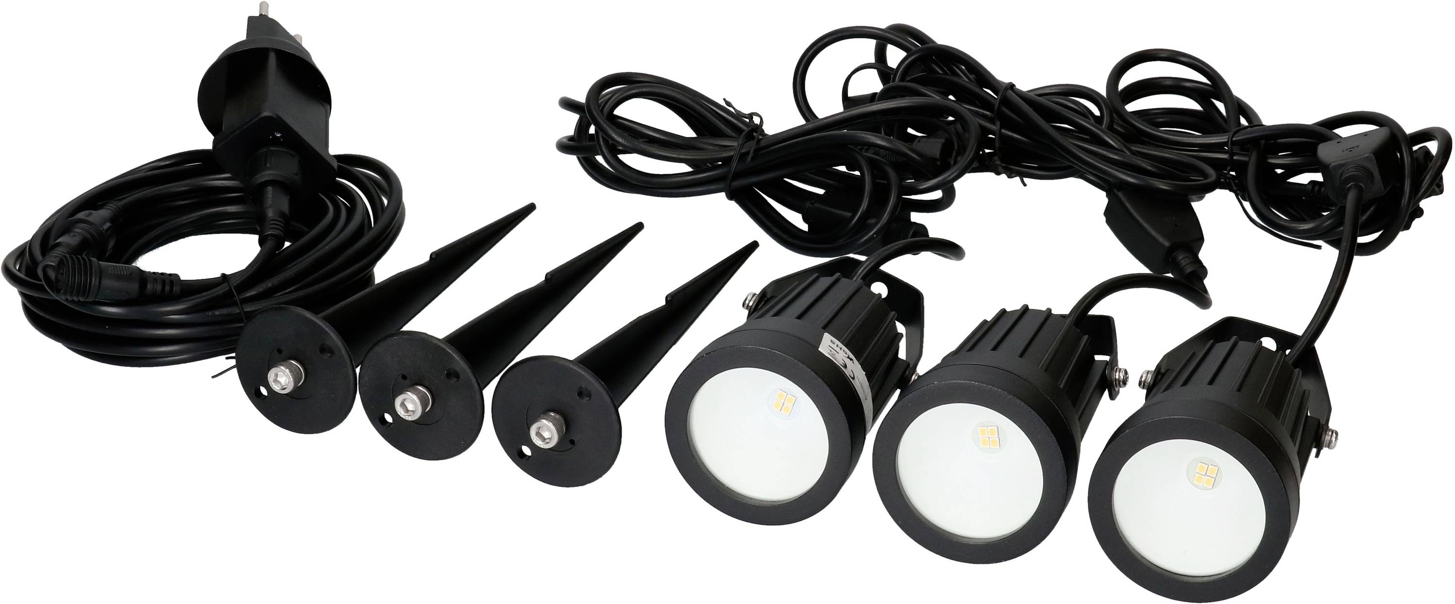 Ensemble de luminaires de paysage LED noirs d'extérieur avec câbles et piquets, comprenant trois projecteurs ronds et quatre lumières à pique pour installation de jardin.