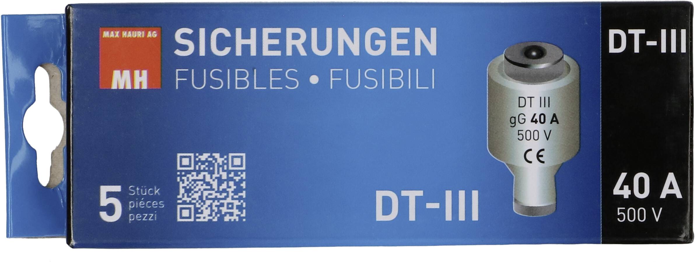 Emballage bleu MH pour fusibles DT-III, étiqueté « SICHERUNGEN » et « DT-III », affichant 40 A, 500 V, avec un fusible illustré à droite.