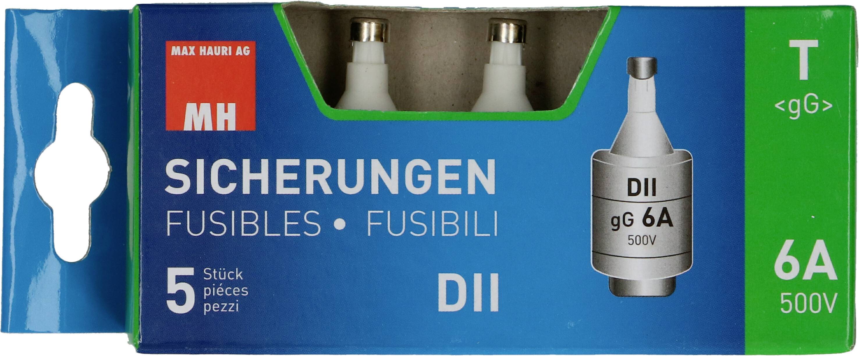Paquet de fusibles DII, calibre 6A 500V, avec « SICHERUNGEN » et « FUSIBLES » imprimés sur la boîte bleue.
