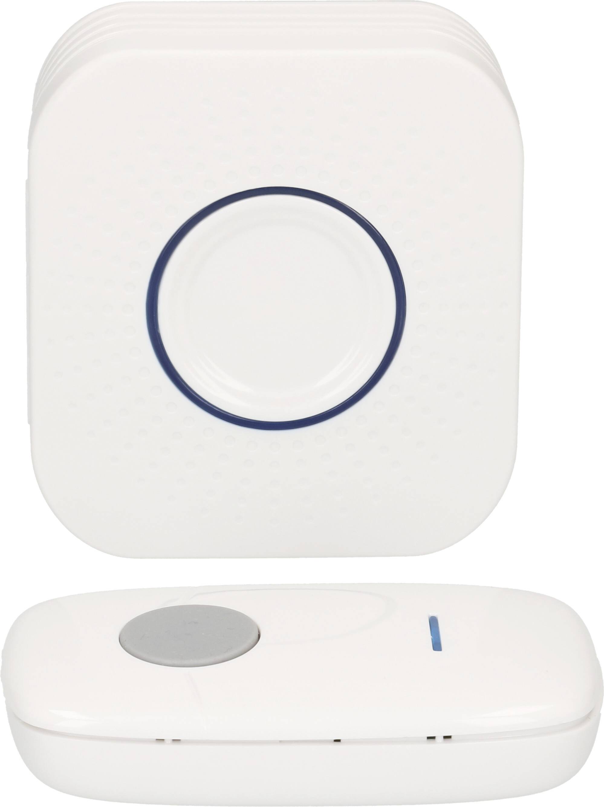Appareil de maison intelligente blanc arrondi présenté de face et de dessus, avec un grand bouton central circulaire et un petit voyant indicateur bleu.