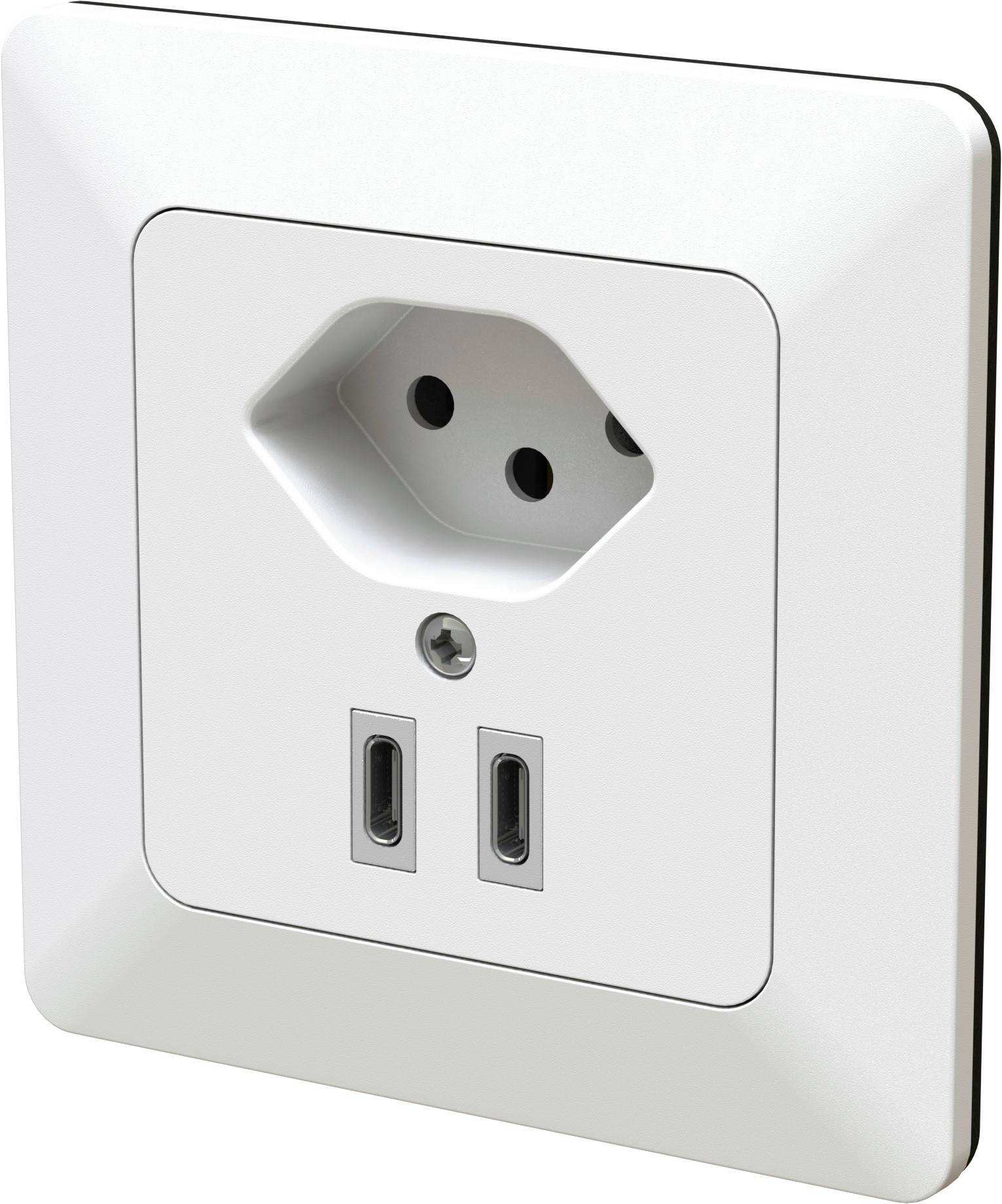 Prise murale blanche avec prise de style européen et deux ports de charge USB