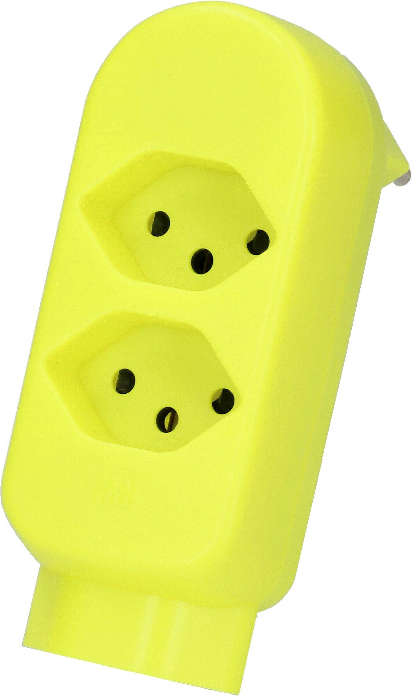 Adaptateur de prise électrique à deux sorties jaune vif sur un fond blanc, présenté en angle.