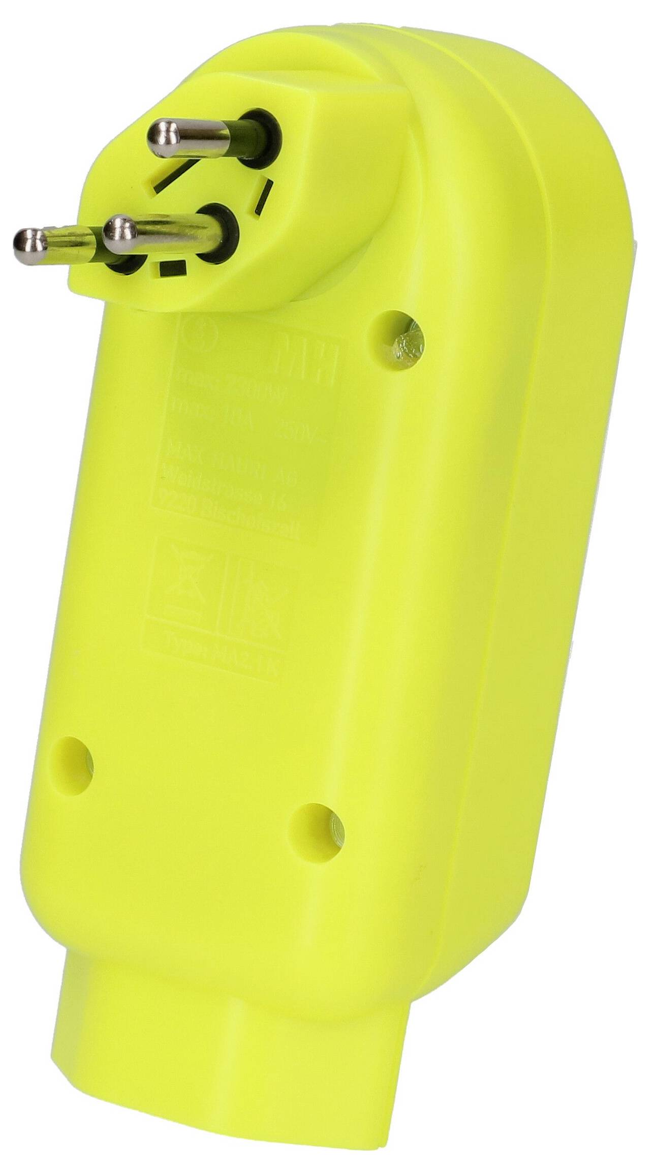 Adaptateur de prise électrique jaune vif avec deux broches métalliques, présenté sur un fond blanc.