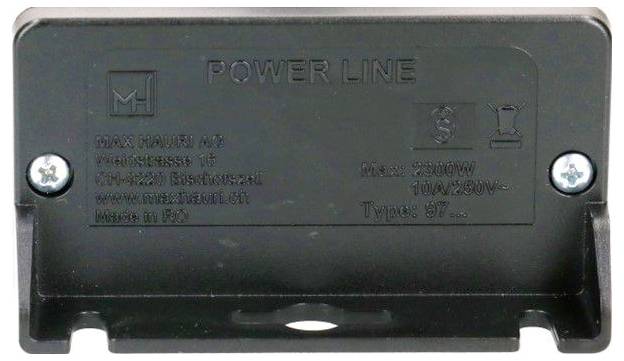 Dispositif électrique rectangulaire noir avec étiquette indiquant « LIGNE D'ALIMENTATION » avec texte de modèle et spécifications de tension.