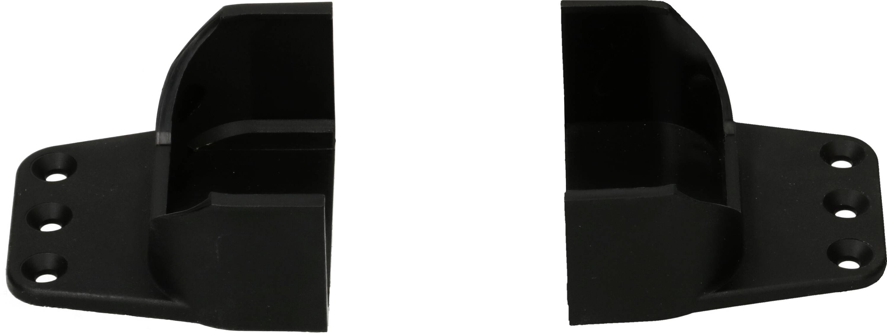 Deux supports de montage en métal noir présentés côte à côte, chacun avec un boîtier courbe et trois trous de boulonnage sur la bride extérieure.