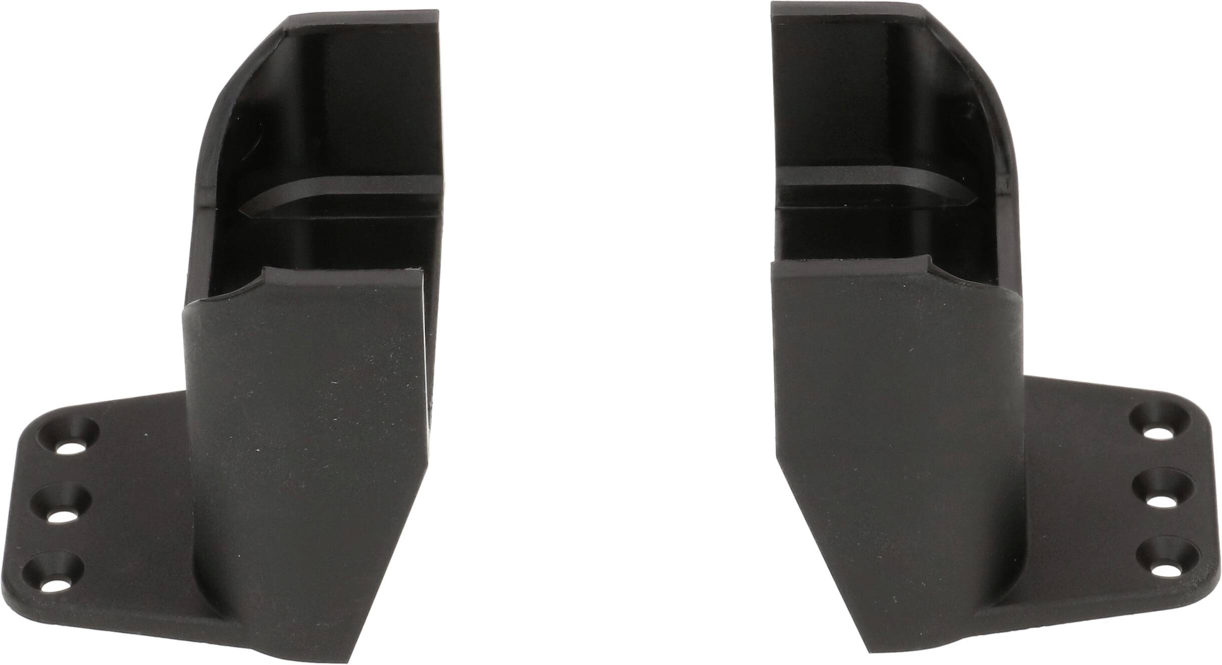 Deux supports de montage en métal noir présentés côte à côte, chacun avec une plaque de base plate et trois trous de vis pour la fixation.