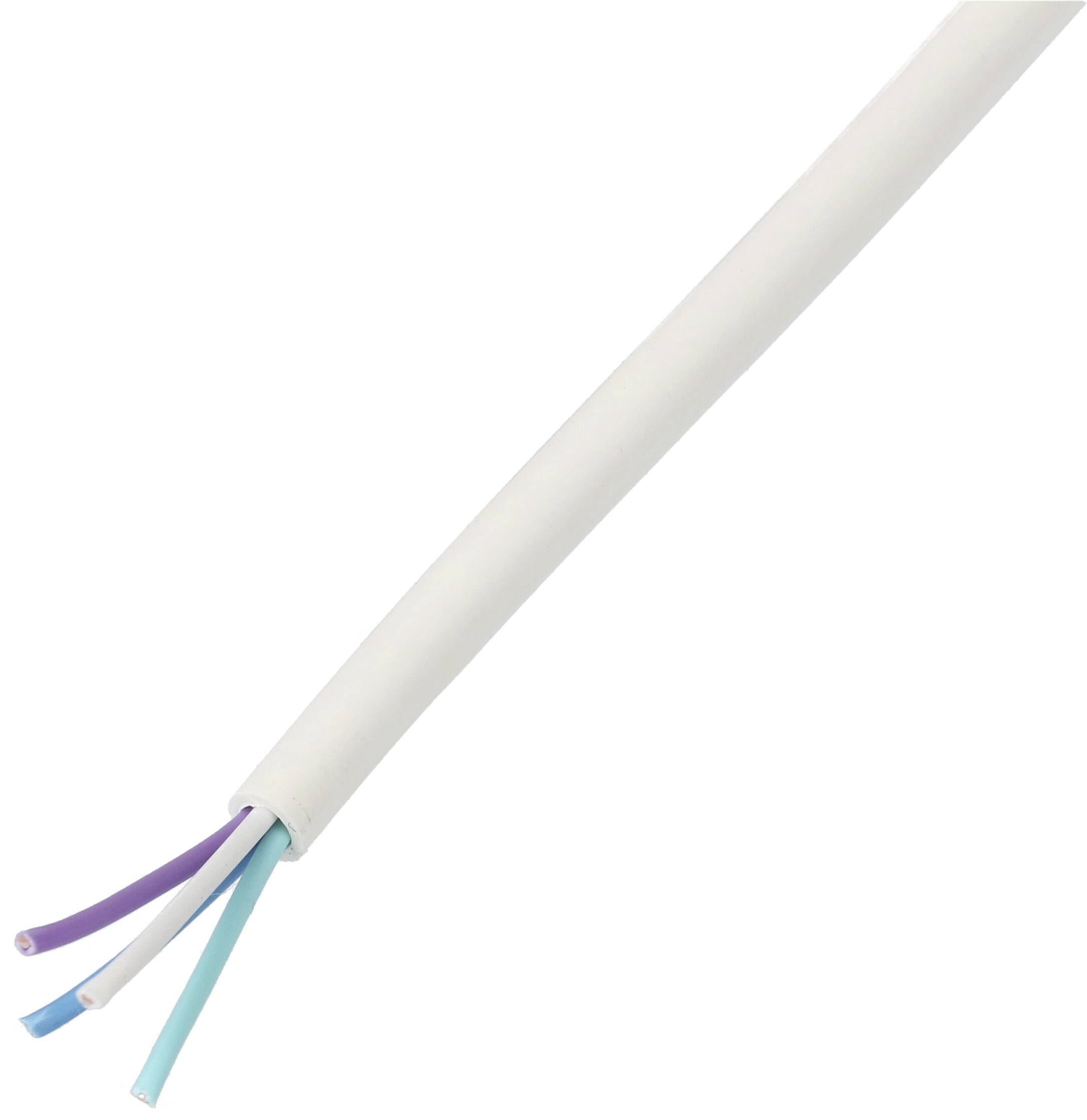 Câble électrique gainé blanc avec quatre fils de couleur exposés à une extrémité sur un fond uni.
